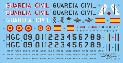 Detalle del set de calcas españolas para los helicópteros Bö-105 en escala 1:32 del fabricante Series Españolas referencia 3632
