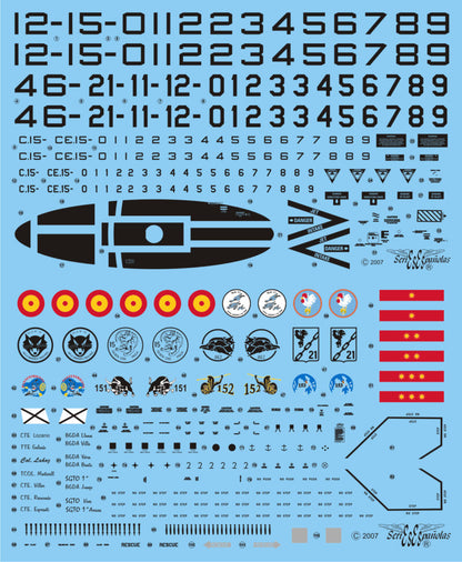 Detalle del set de calcas con insignias españolas para las maquetas del avión EF-18 A de todas las Alas del Ejército del Aire, en escala 1:32 de Series Españolas con referencia 1232