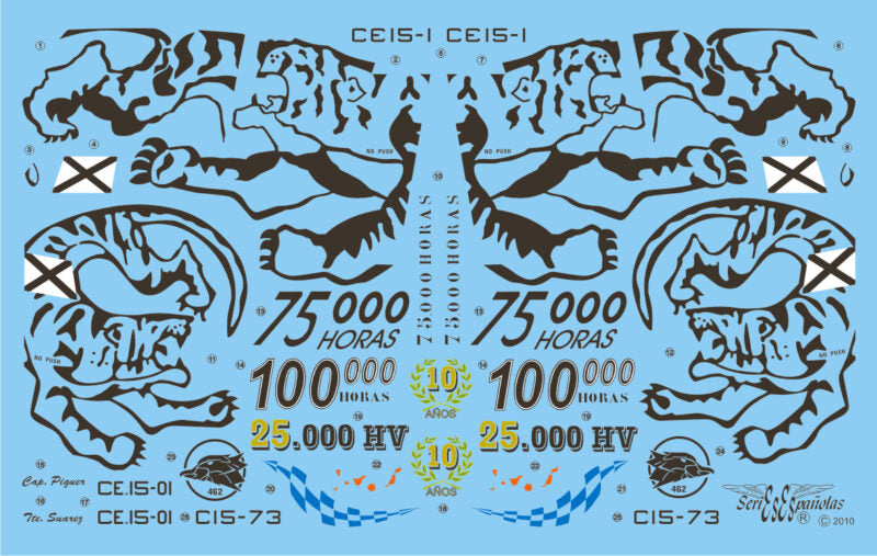Detalle del set de calcas con insignias españolas para las maquetas del avión EF-18 A y B para el conmemoraciones por horas de vuelo, del Ala 15  y 46 en escala 1:32 de Series Españolas con referencia 1132