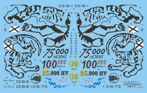 Detalle del set de calcas con insignias españolas para las maquetas del avión EF-18 A y B para el conmemoraciones por horas de vuelo, del Ala 15  y 46 en escala 1:32 de Series Españolas con referencia 1132