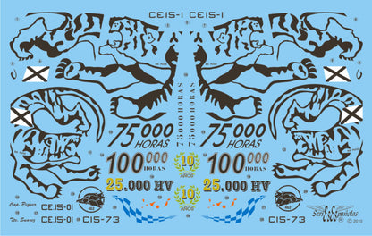 Detalle del set de calcas con insignias españolas para las maquetas del avión EF-18 A y B para el conmemoraciones por horas de vuelo, del Ala 15  y 46 en escala 1:32 de Series Españolas con referencia 1132