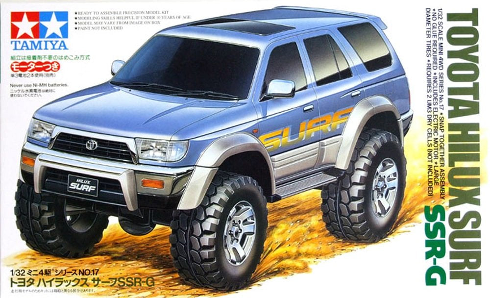 Portada de la caja de la maqueta del coche con motor Toyota Hilux Surf en escala 1:32 de Tamiya referencia 19017