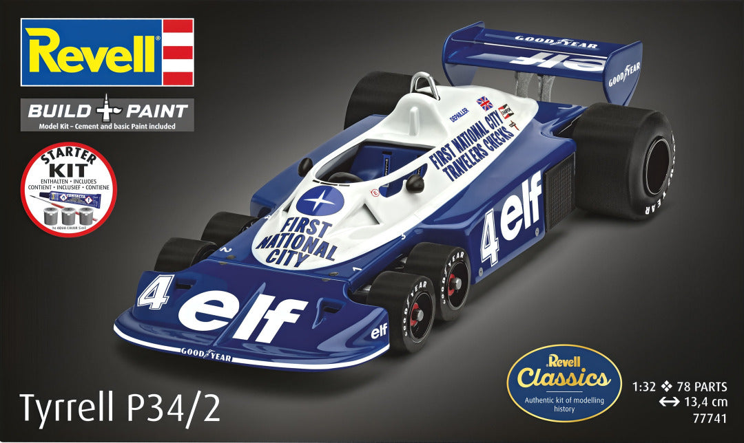 Portada de la caja de la maqueta del coche de competición Tyrrel P34/2 de 6 ruedas en escala 1:32 de Revell referencia 77741