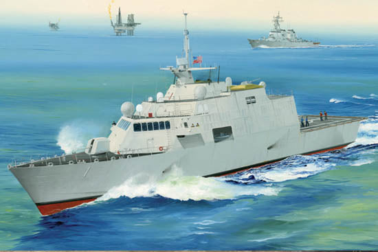 Portada de la caja de la maqueta del buque de guerra norteamericano USS Freedom (LCS-1) en escala 1:350 de Trumpeter referencia 04549