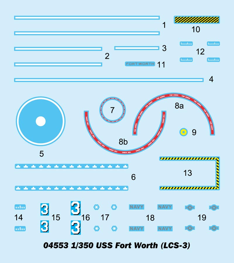 Calcas de la maqueta del buque de guerra norteamericano USS Fort Worth (LCS-3) en escala 1:350 de Trumpeter referencia 04553
