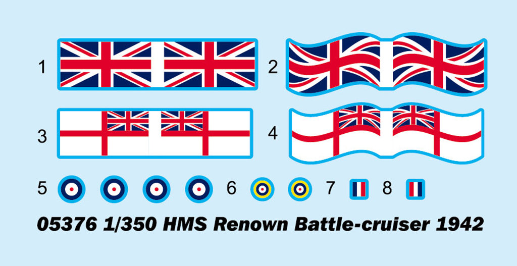 Calcas de la maqueta del crucero de batalla británico HMS Renown en 1942, escala 1:350 de Trumpeter referencia 05376
