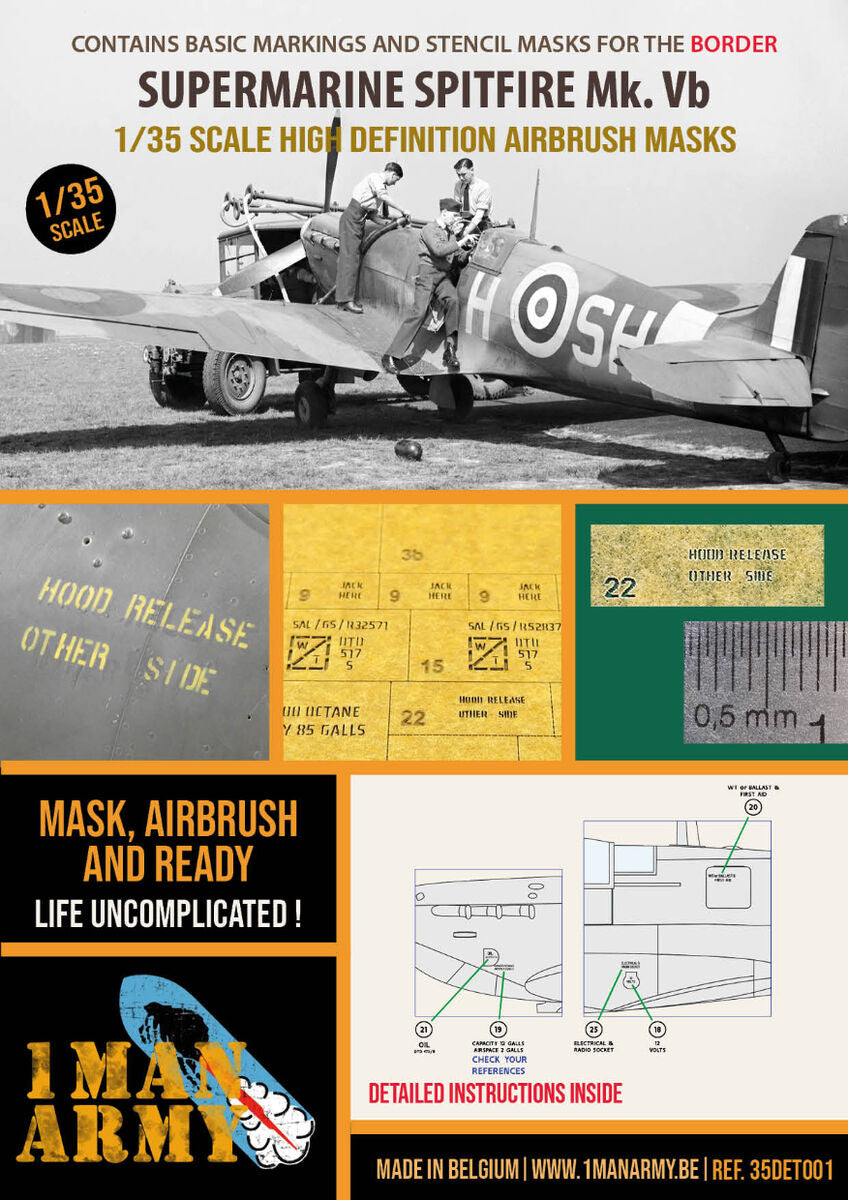 Hoja de máscaras en escala 1:35 para caza Spitfire Mk. Vb de Border Model realizadas por 1 Man Army referencia 35DET001