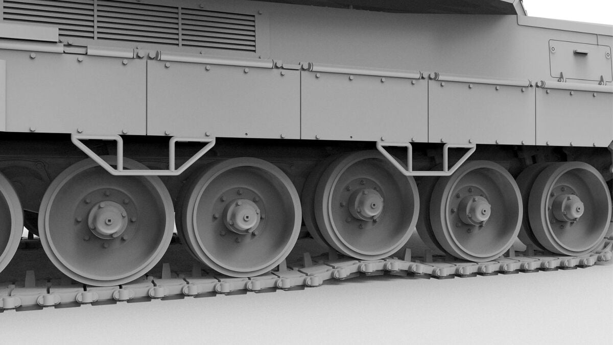 Foto detalle tren de rodaje de la maqueta del carro del futuro carro de combate EMTB en escala 1:35 de Amusing referencia 35A066