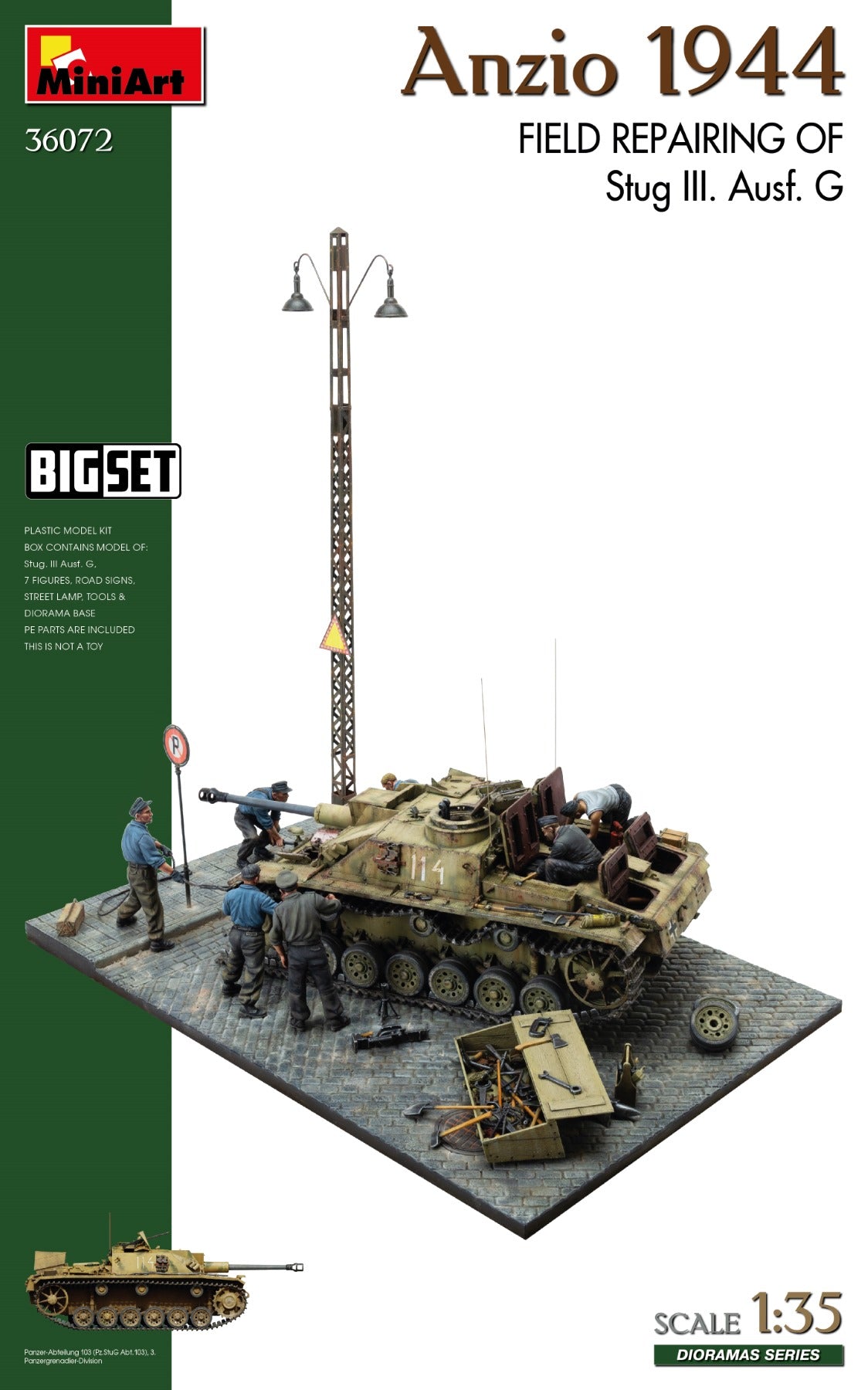 Portada del Big Set de Anzio 1944 Reparando a un Stug III G en escala 1:35 de Miniart referencia 36072