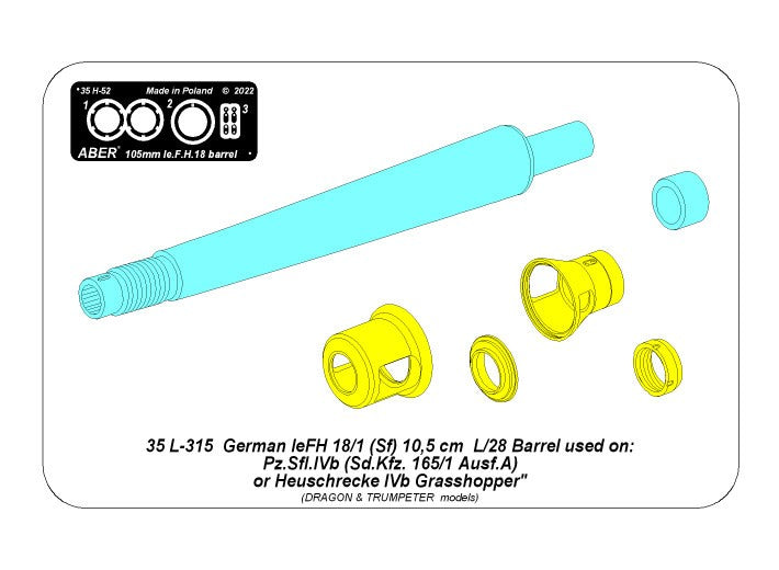 Instrucciones del set de cañón de metal L24 de 105mm para carros alemanes en escala 1:35 de Aber refrencia 35L315