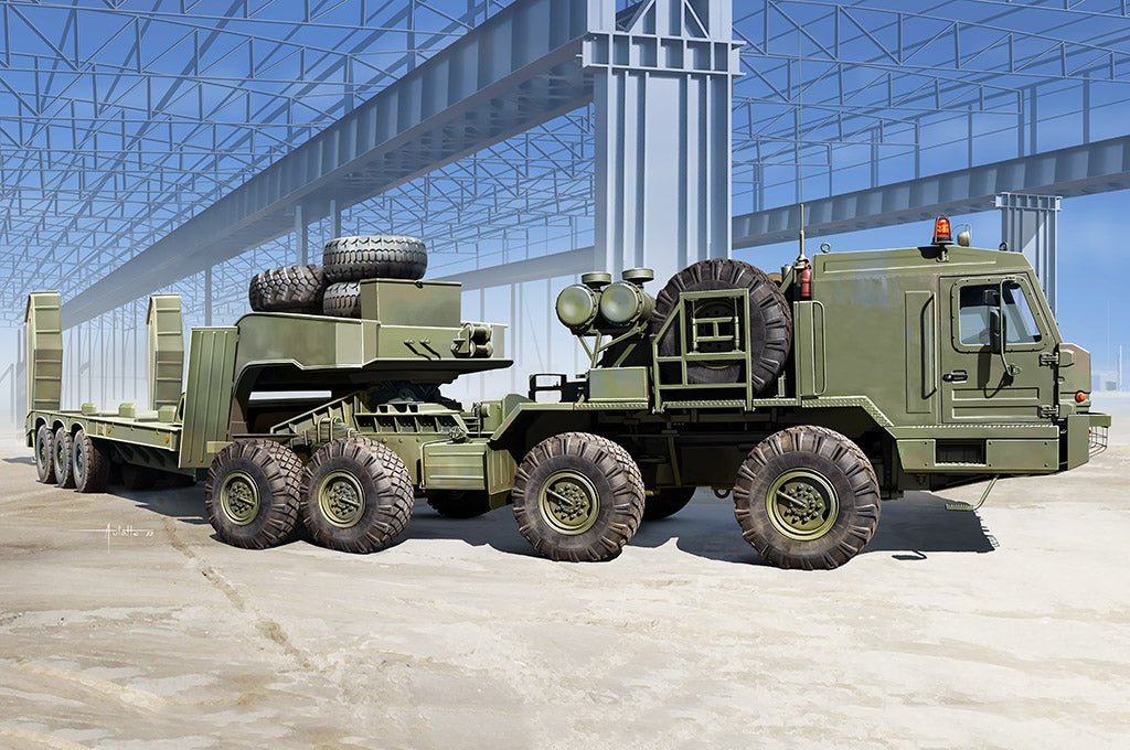 Portada de la caja de la maqueta del camión de carga pesada ruso BAZ-6403 con trailer ChMZAP 9990-071 en escala 1:35 de Trumpeter referencia 01086