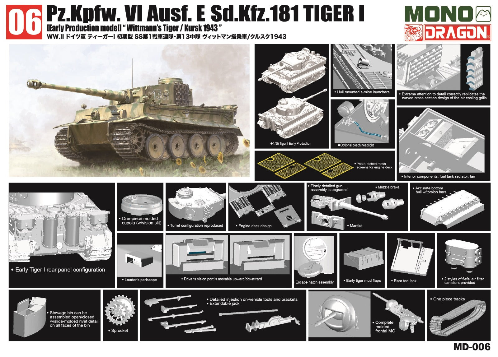 Detalles de la maqueta del carro de combate alemán Tiger I E inicial como el que llevó Wittmann en Kursk en escala 1:35 de Dragon referencia D006