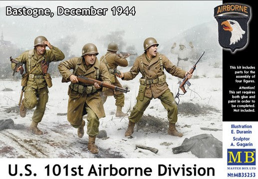 Portada de la caja de las figuras de los paracaidistas americanos de la 101 División en la Batalla de Bastogne en escala 1:36 de Master Box referencia 35253