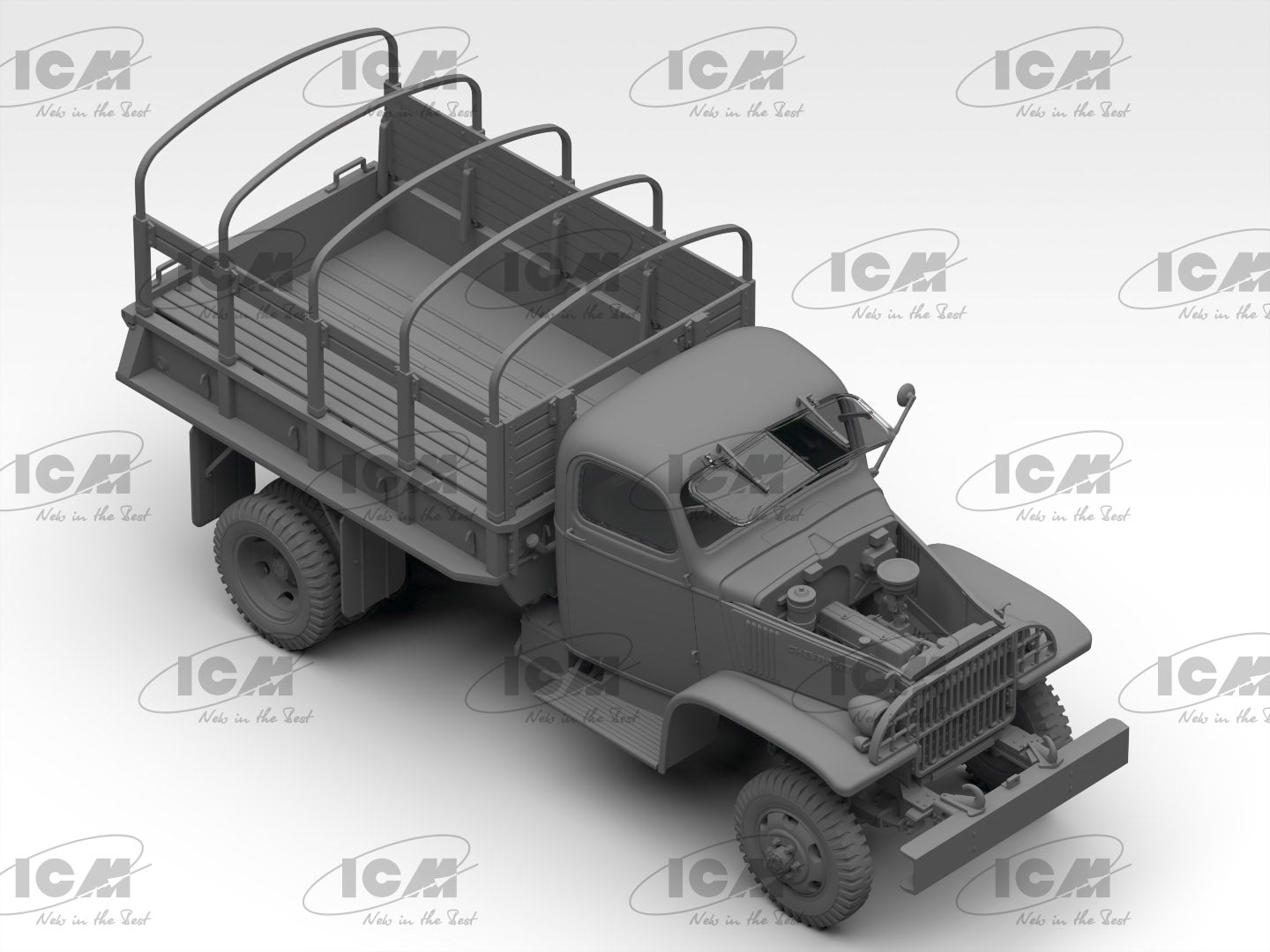 Foto frontal de la maqueta del camión militar Chevrolet GMC G7107 en escala 1:35 de ICM referencia 35593