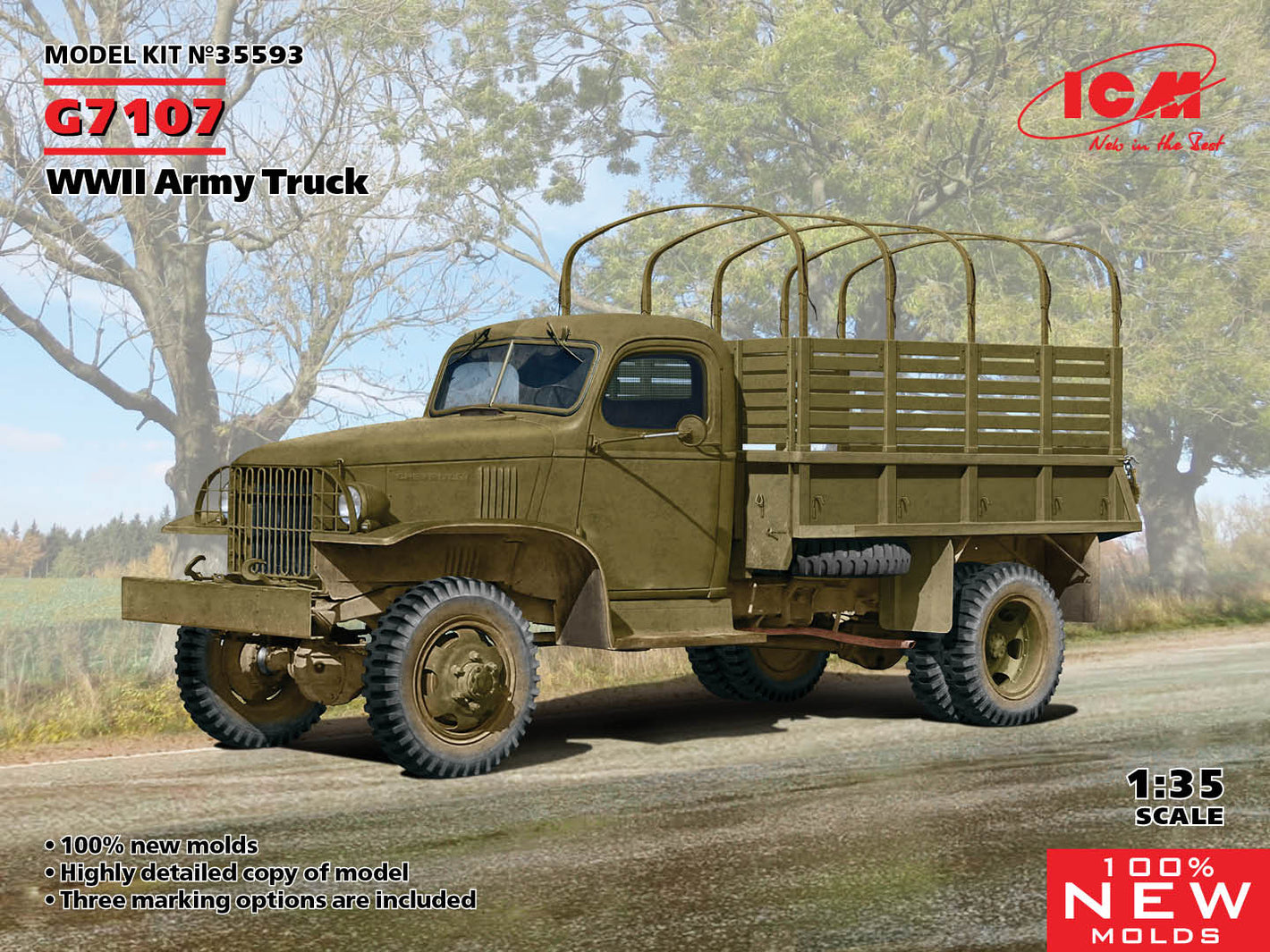 Portada de la caja de la maqueta del camión militar Chevrolet GMC G7107 en escala 1:35 de ICM referencia 35593