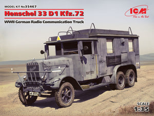 Portada de la caja de la maqueta del camión de radiocomunicaciones alemán Henschell 33 D1 en escala 1:35 de ICM referencia 35467