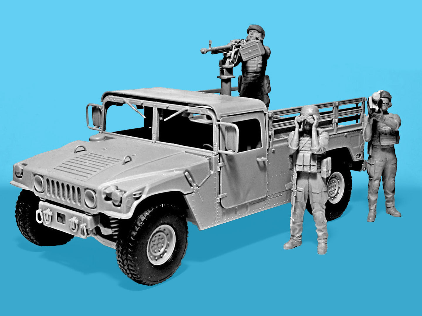 Foto frontal del set de figuras y maqueta del vehículo M1097 ucraniano en misión de caza de drones en escala 1:35 de ICM referencia DS3531