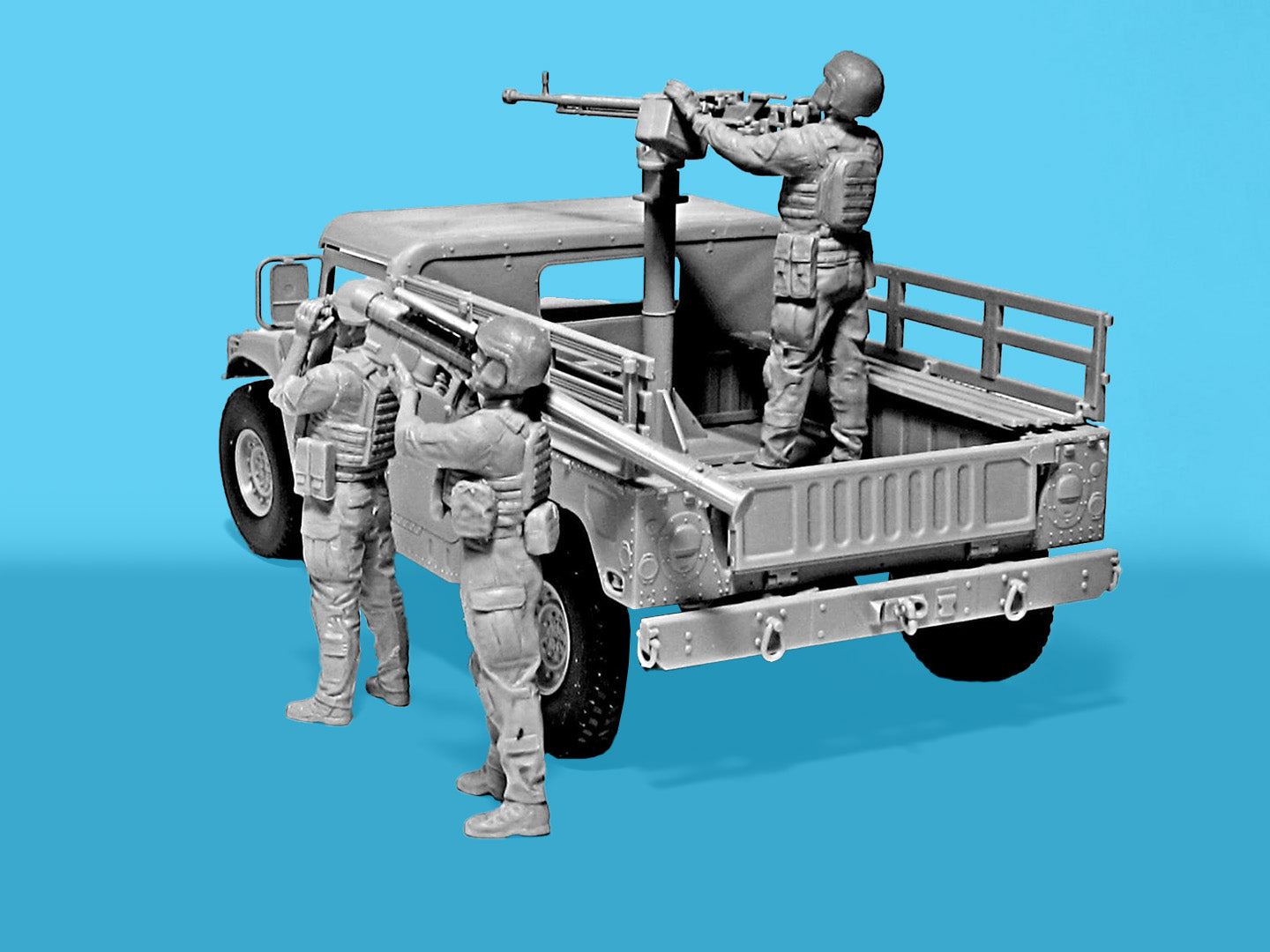 Foto trasera del set de figuras y maqueta del vehículo M1097 ucraniano en misión de caza de drones en escala 1:35 de ICM referencia DS3531