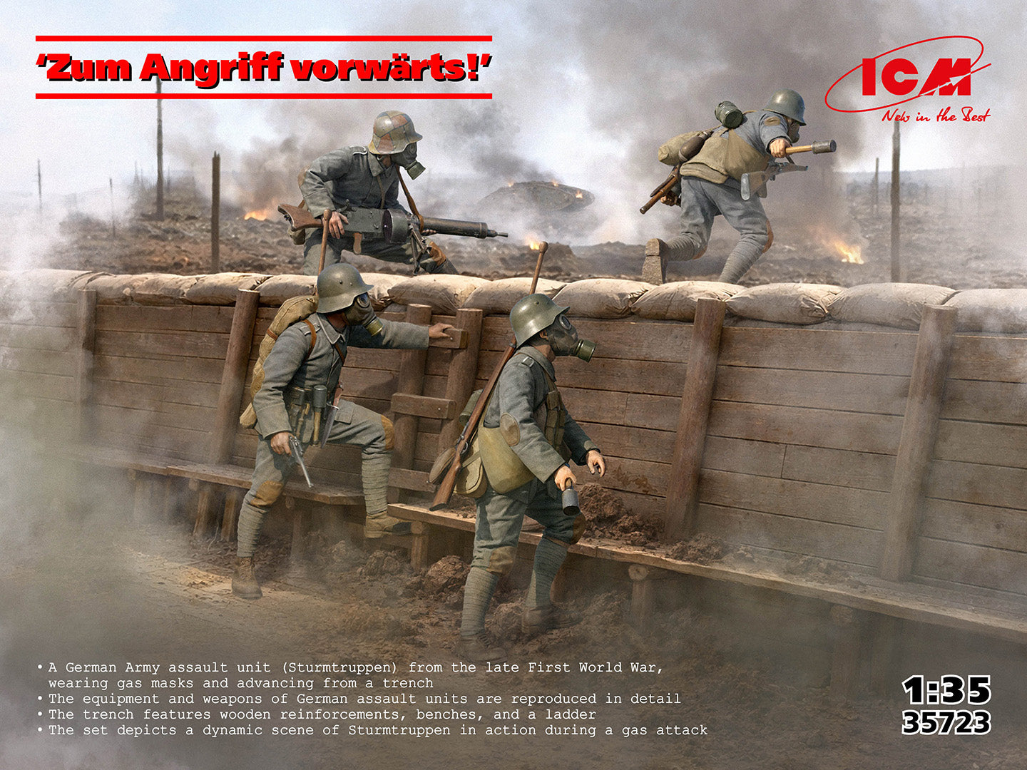 Portada de la caja del set de figuras con diorama de soldados alemanes al ataque durante la Primera Guerra Mundial en escala 1:35 de ICM referencia 35723