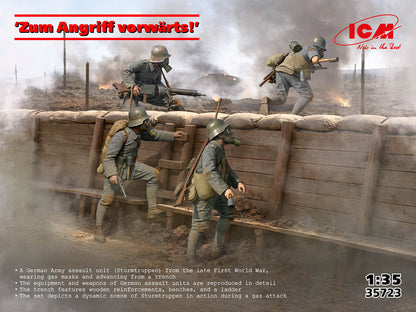 Portada de la caja del set de figuras con diorama de soldados alemanes al ataque durante la Primera Guerra Mundial en escala 1:35 de ICM referencia 35723