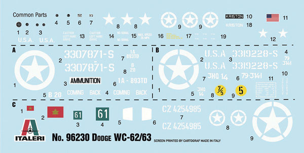 Calcas de la maqueta del camión de transporte militar norteamericano Dodge WC62/63 en escala 1:35 de Italeri referencia 96230