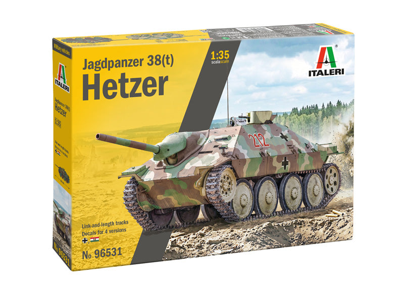 Portada de la caja de la maqueta de cazacarros alemán Jagdpanzer 38(t Hetzer en escala 1:35 de Italeri referencia 96531
