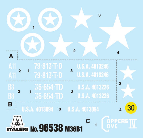 Calcas de la maqueta del cazacarros norteamericano M36 B1 Jackson en escala 1:35 de Italeri referencia 96538