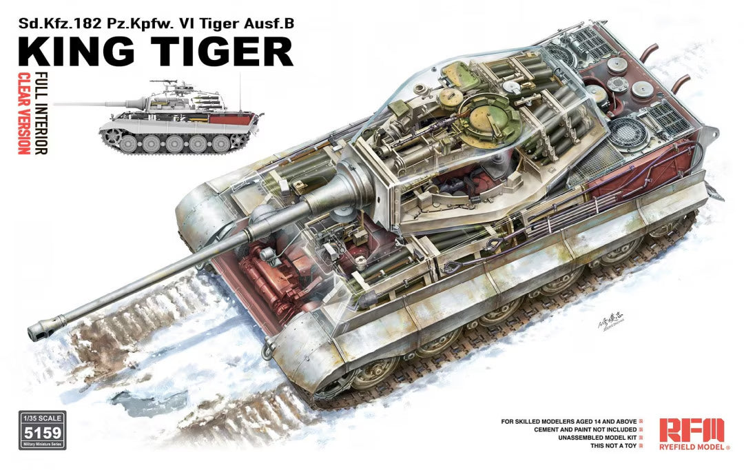 Foto de la portada de la maqueta del carro pesado alemán King Tiger Ausf B en escala 1:35 con piezas transparentes e interiores de RFM referencia 5159