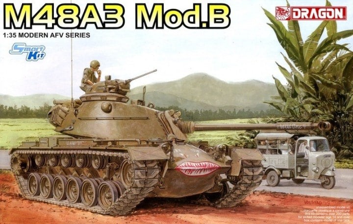 Portada de la caja de la maqueta del carro de combate norteamericano M48A3 en escala 1:35 de Dragon referencia 3544
