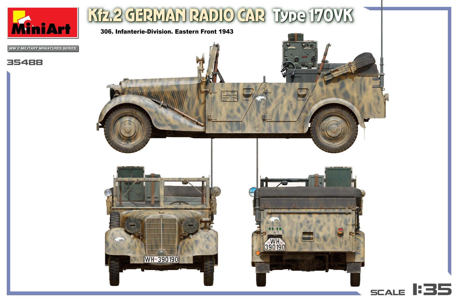 Decoración 1 de la maqueta del coche de comunicaciones alemán Kfz.2 Mercedes 170VK en escala 1:35 de MIniart referencia 35488