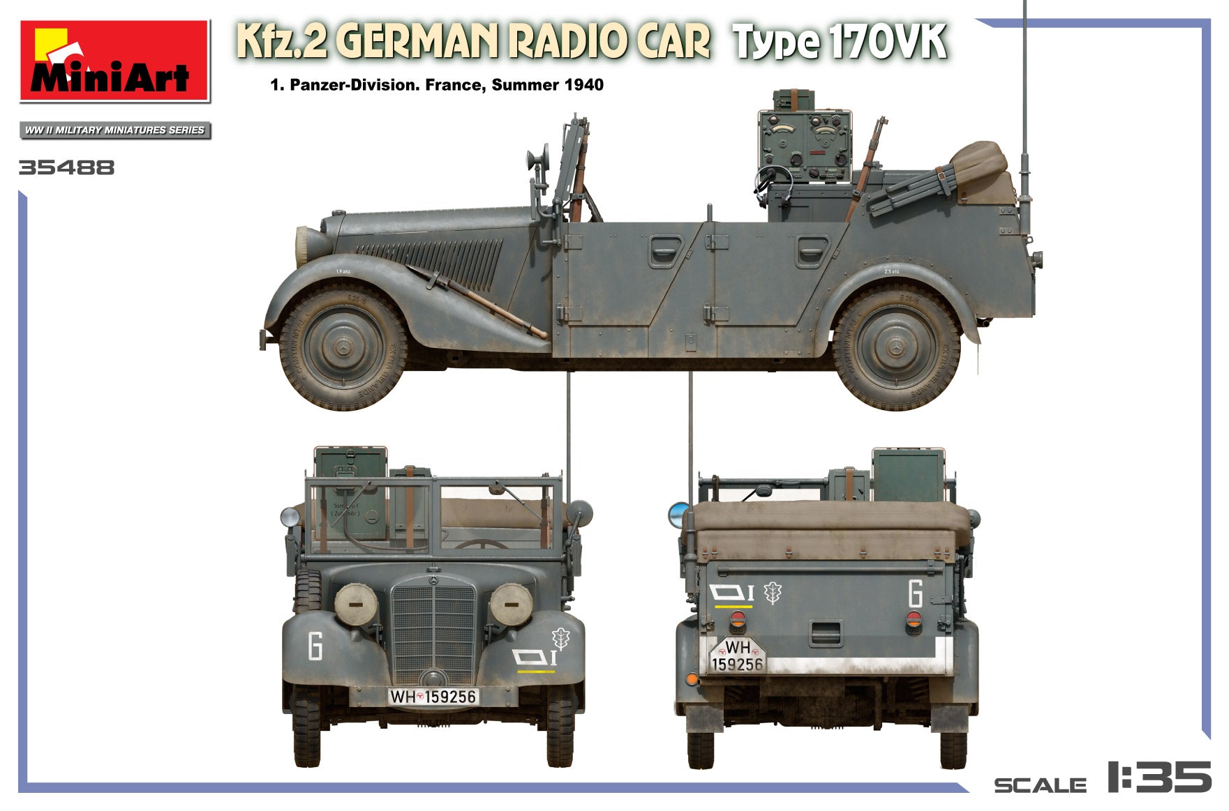 Decoración 2 de la maqueta del coche de comunicaciones alemán Kfz.2 Mercedes 170VK en escala 1:35 de MIniart referencia 35488