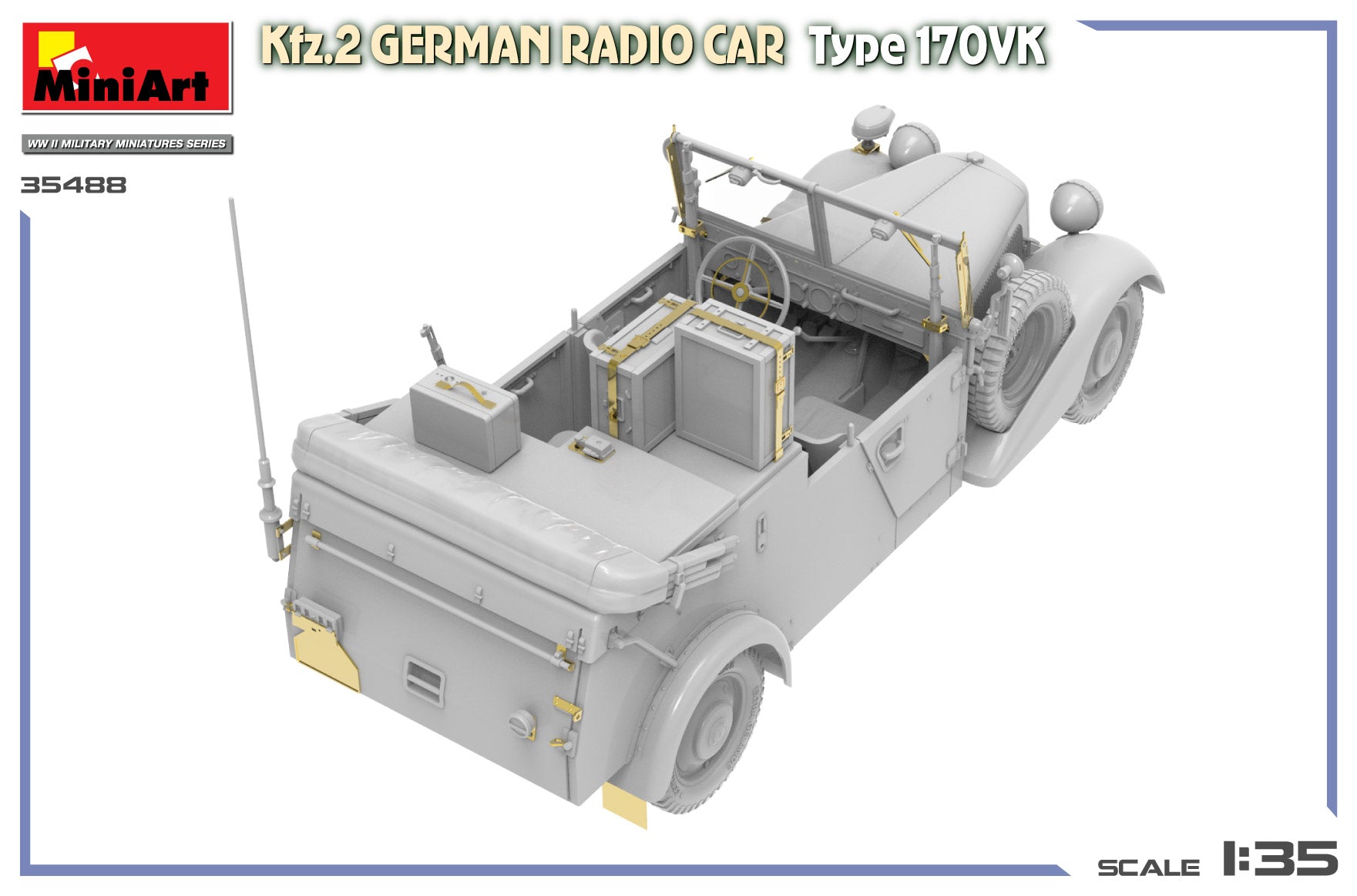 Vista aérea de la maqueta del coche de comunicaciones alemán Kfz.2 Mercedes 170VK en escala 1:35 de MIniart referencia 35488