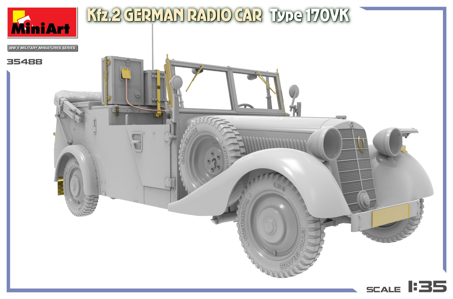 Vista frontal de la maqueta del coche de comunicaciones alemán Kfz.2 Mercedes 170VK en escala 1:35 de MIniart referencia 35488