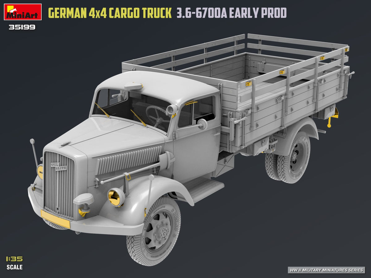 Foto delantera de la maqueta del camión de carga alemán Opel Blitz de producción inicial en escala 1:35 de MIniart referencia 35199