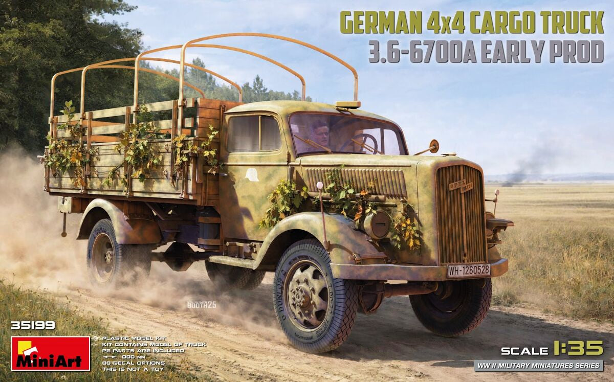 Portada de la caja de la maqueta del camión de carga alemán Opel Blitz de producción inicial en escala 1:35 de MIniart referencia 35199