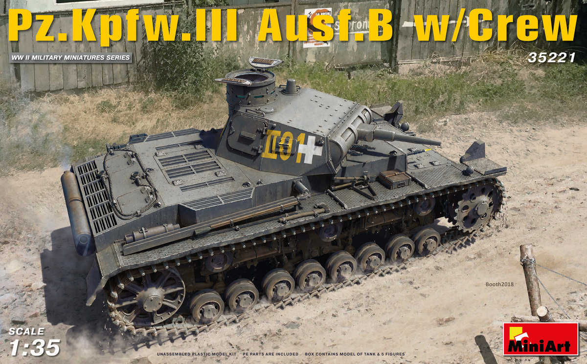 Portada de la caja de la maqueta del carro de combate alemán Panzer III B con tripulación en escala 1:35 de Miniart referencia 35221