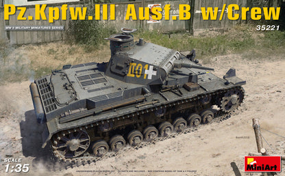 Portada de la caja de la maqueta del carro de combate alemán Panzer III B con tripulación en escala 1:35 de Miniart referencia 35221