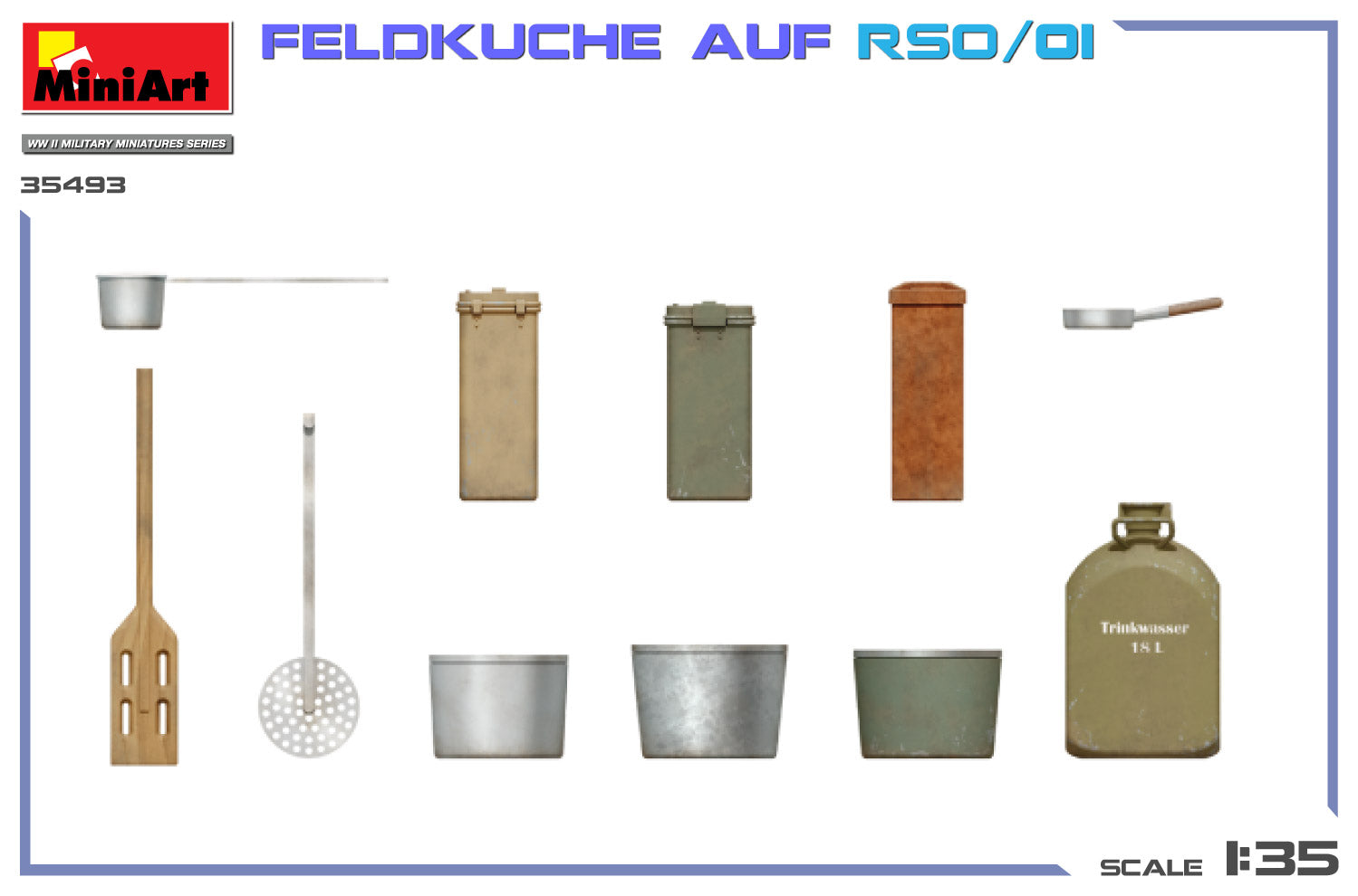 Decoración utensilios de la maqueta del vehículo alemán Ost RSO/01 con cocina de campaña en escala 1:35 de Miniart referencia 35493 