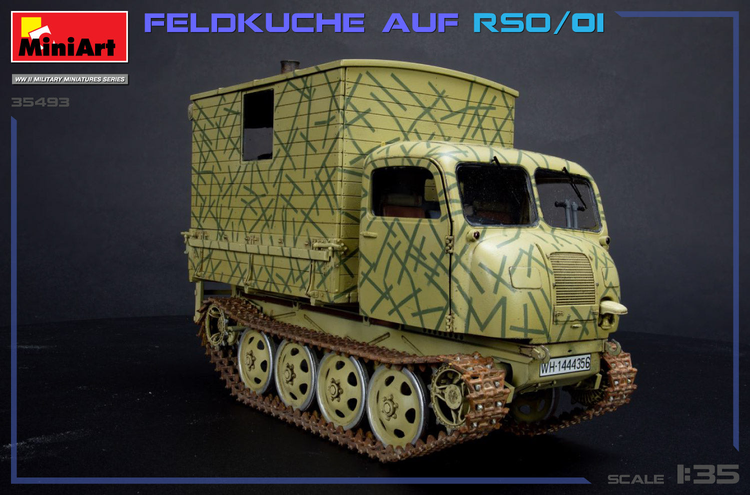 Foto frontal de la maqueta del vehículo alemán Ost RSO/01 con cocina de campaña en escala 1:35 de Miniart referencia 35493 
