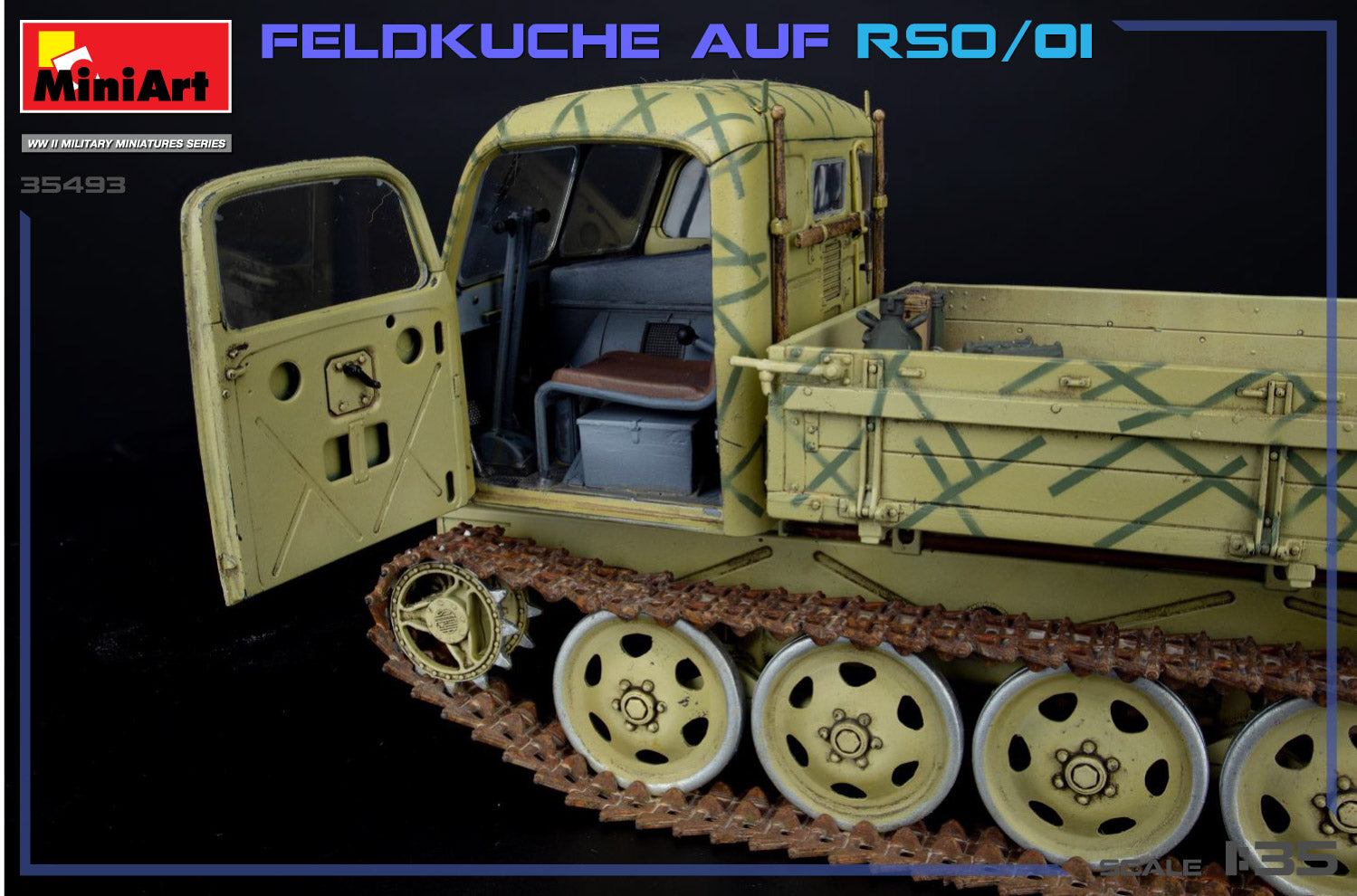 Foto del interior de la maqueta del vehículo alemán Ost RSO/01 con cocina de campaña en escala 1:35 de Miniart referencia 35493 