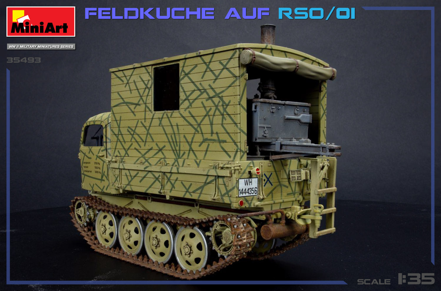 Foto trasera de la maqueta del vehículo alemán Ost RSO/01 con cocina de campaña en escala 1:35 de Miniart referencia 35493 