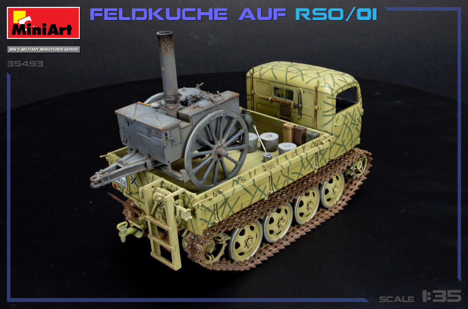 Foto lateral de la maqueta del vehículo alemán Ost RSO/01 con cocina de campaña en escala 1:35 de Miniart referencia 35493 