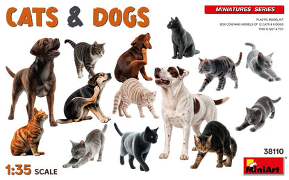 Portada de la caja de figuras de perros y gatos en escala 1:35 de Miniart referencia 38110