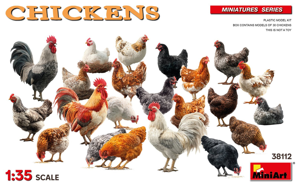 Portada del set de figuras de pollos, gallinas y gallos de corral en escala 1:35 de Miniart referencia 38112