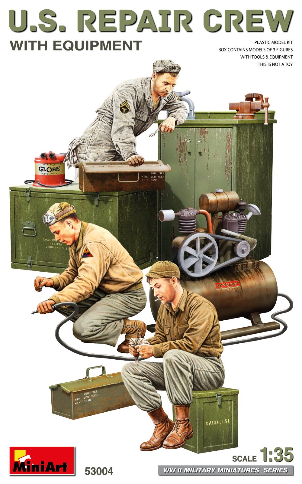 Portada del set de figuras de tripulación de carros en labores de taller con set de herramientas en escala 1:35 de Miniart referencia 53004
