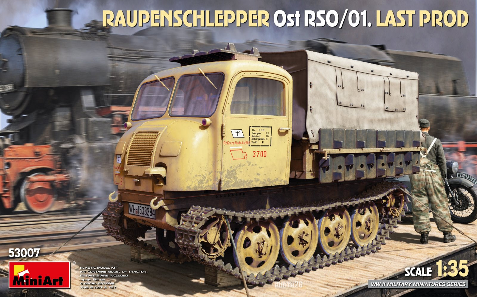 Portada de la caja de la maqueta del Raupenschlepper Ost RSO/01 de versión final en escala 1:35 de Miniart referencia 53007