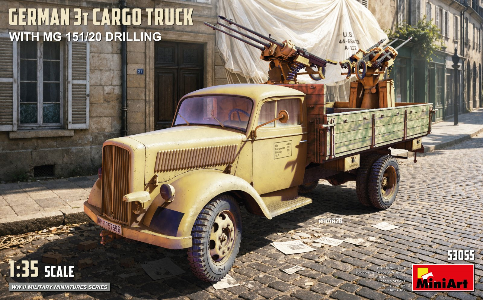 Portada de la caja de la maqueta del camión alemán de 3 toneladas Opel Blitz con MG151 en escala 1:35 de Miniart referencia 53055