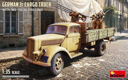 Portada de la caja de la maqueta del camión alemán de 3 toneladas Opel Blitz con MG151 en escala 1:35 de Miniart referencia 53055