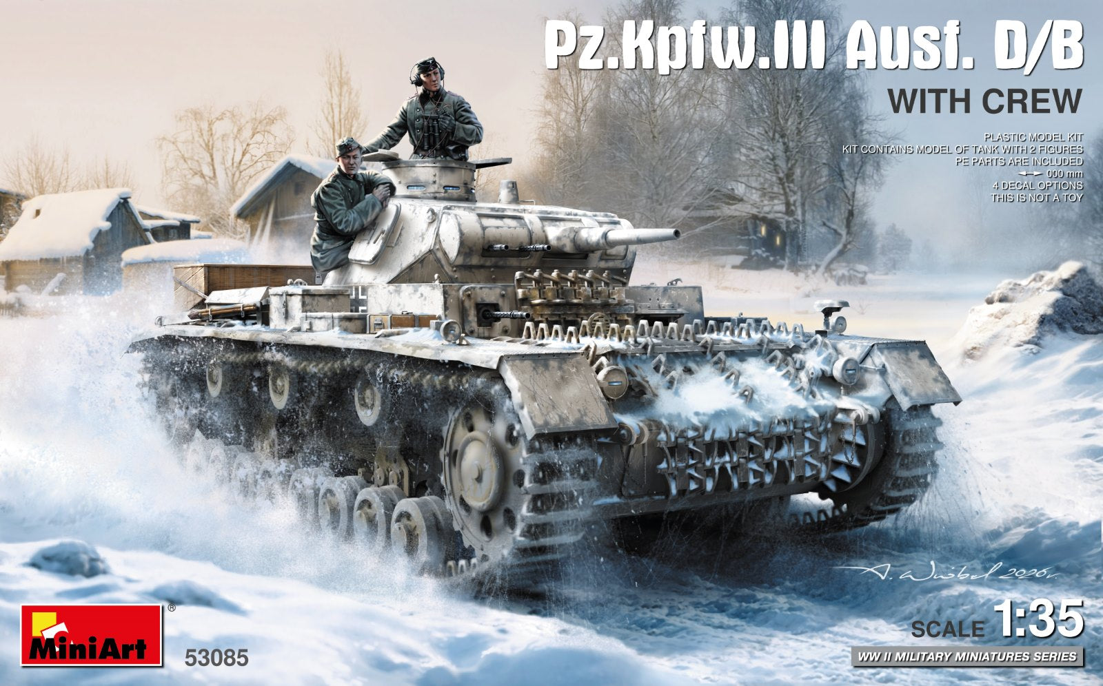 Portada de la caja de la maqueta del tanque alemán Panzer III versión B o D en escala 1:35 de Miniart referencia 53085