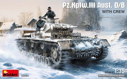 Portada de la caja de la maqueta del tanque alemán Panzer III versión B o D en escala 1:35 de Miniart referencia 53085